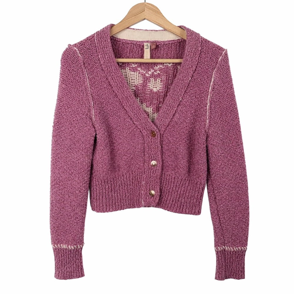 Anthropologie‎ Pilcro Women's Cropped Knit Cardigan Mauve Yin Yang Heart White